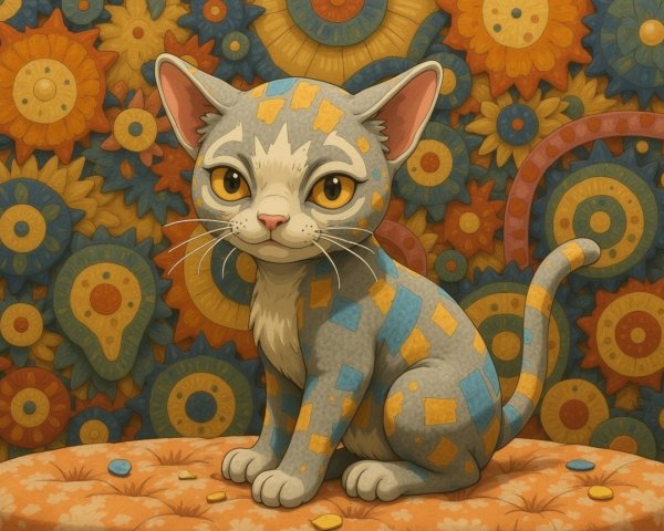 Cartoon Cat with Colorful Patterns and Floral Background