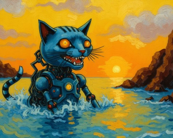 Robotic Cat Emerges from Ocean Waves at Sunset