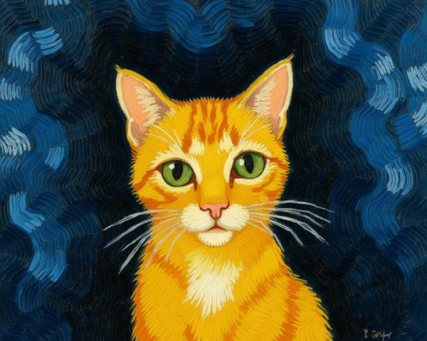 Vibrant Stylized Orange Cat with Green Eyes and Blue Background