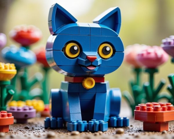 Vibrant Blue Lego Cat Surrounded by Colorful Flowers