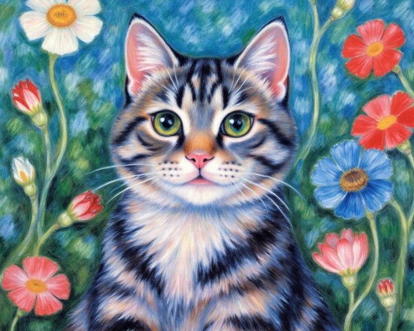 Tabby Cat Surrounded by Colorful Flower Field