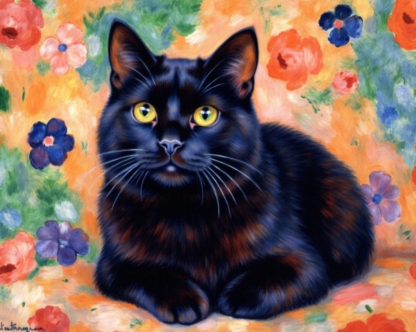 Black Cat with Golden Eyes in Floral Background Painting