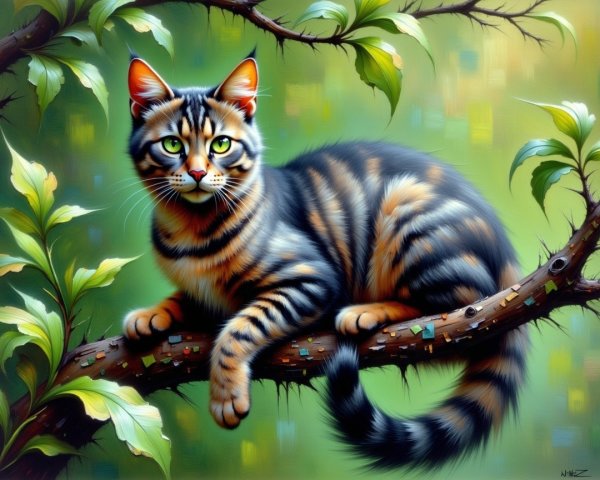 Illustration of a striped cat on a tree branch