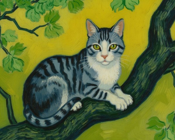 Striped Cat on Tree Branch with Green Leaves