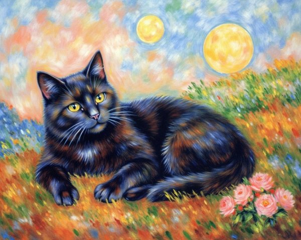 Vibrant Painting of Black Cat in Flower Field