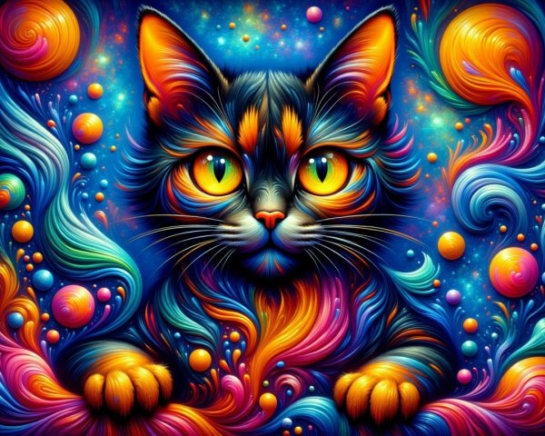 Vibrant Cat Portrait with Cosmic Background Elements