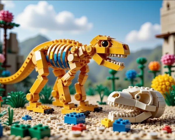 Vibrant LEGO Dinosaur Skeleton Scene in Whimsical Landscape