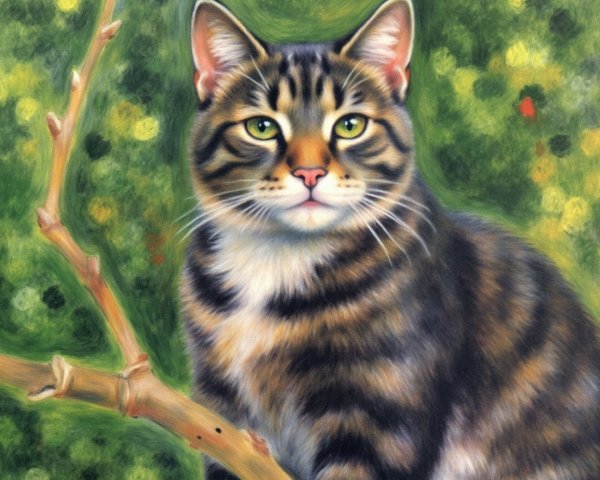 Portrait of a Tabby Cat on a Branch with Green Eyes