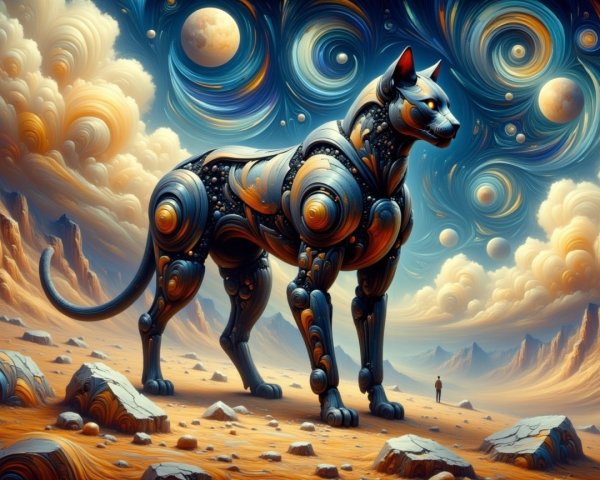 Robotic Cat in Surreal Galactic Landscape