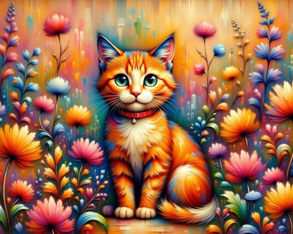 Orange Cat in Colorful Flower Garden Setting