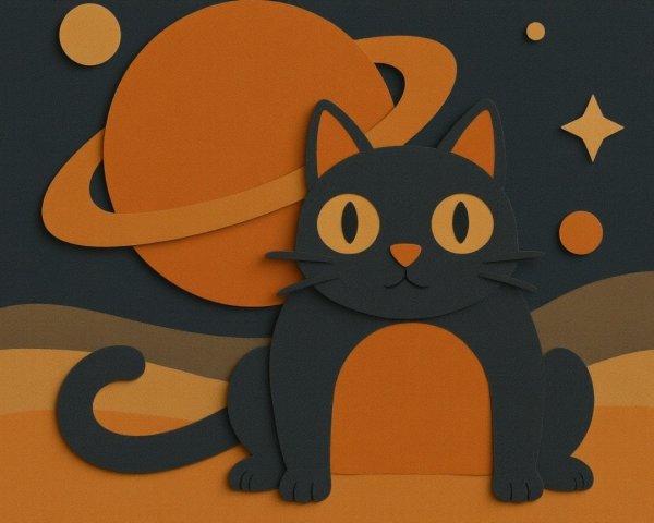 Whimsical Black Cat Cutout Design with Saturn Background