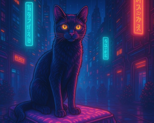 Black Cat on Illuminated Pedestal in Futuristic City