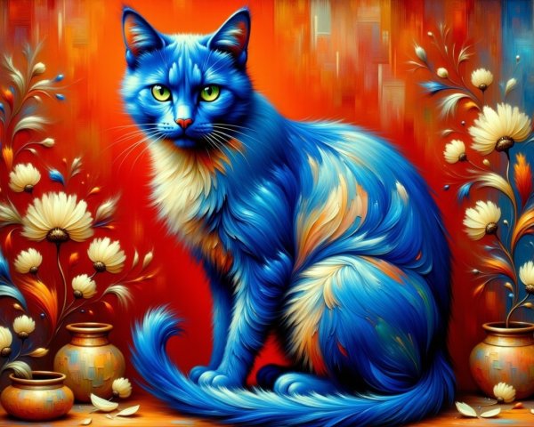 Blue Cat with Green Eyes Against Orange Background