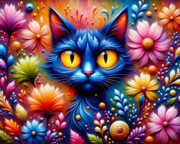 Whimsical Blue Cat Illustration Surrounded by Flowers