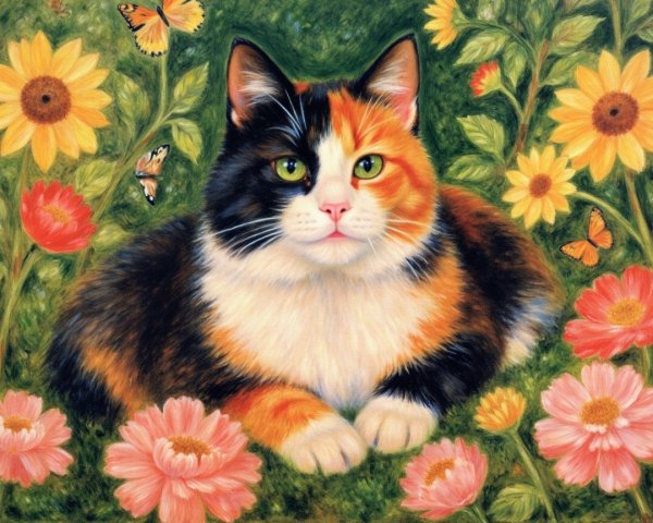Calico Cat Relaxing in a Colorful Garden Setting
