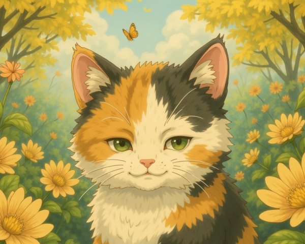 Fluffy Calico Cat Surrounded by Yellow Flowers