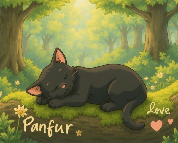 Cartoon Black Cat Sleeping on Mossy Log in Forest