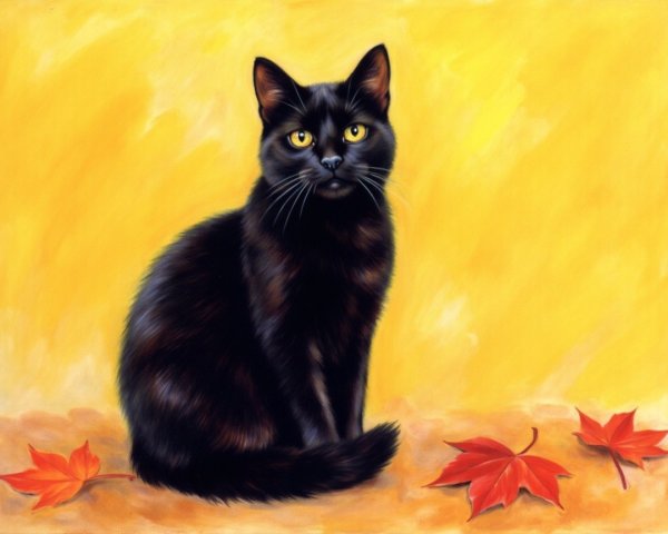 Black Cat with Yellow Eyes on Yellow Background