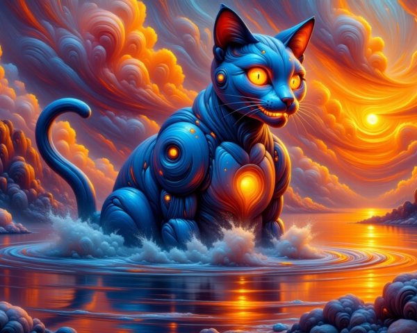 Futuristic Cat in Shimmering Sea at Sunset