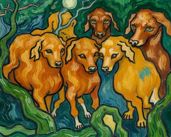 Vibrant Painting of Five Golden Dogs in Nature