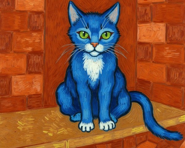 Vibrant Blue Cat on Ledge with Green Eyes and Orange Brick