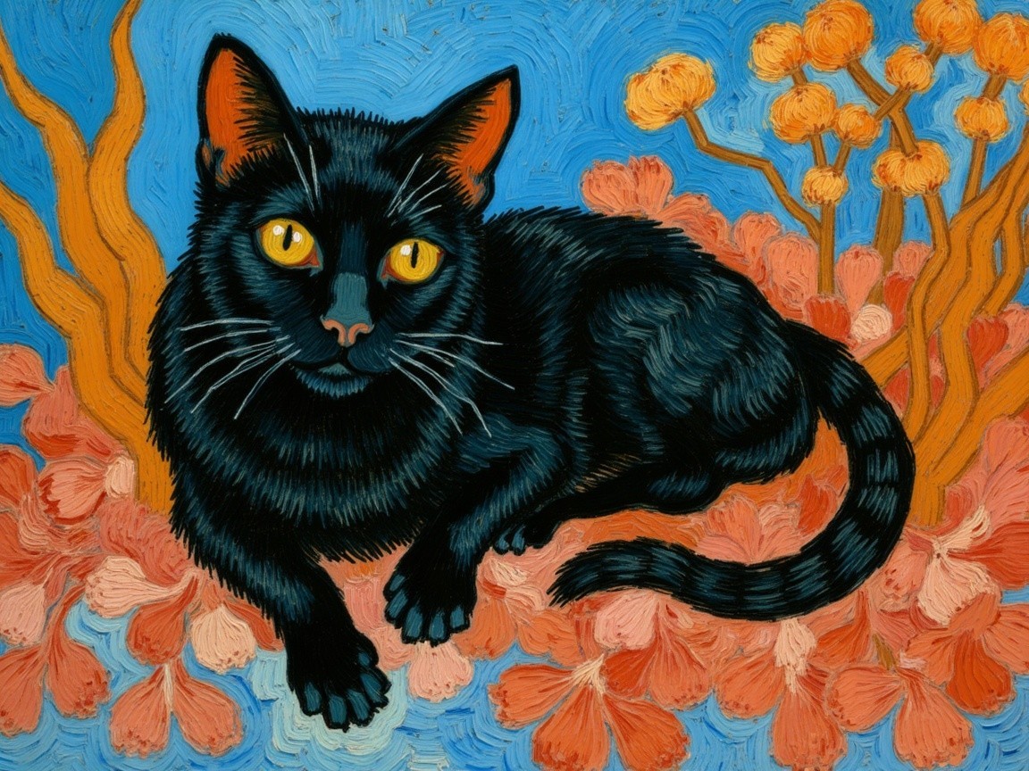 Black Cat Among Vibrant Coral Flowers and Branches