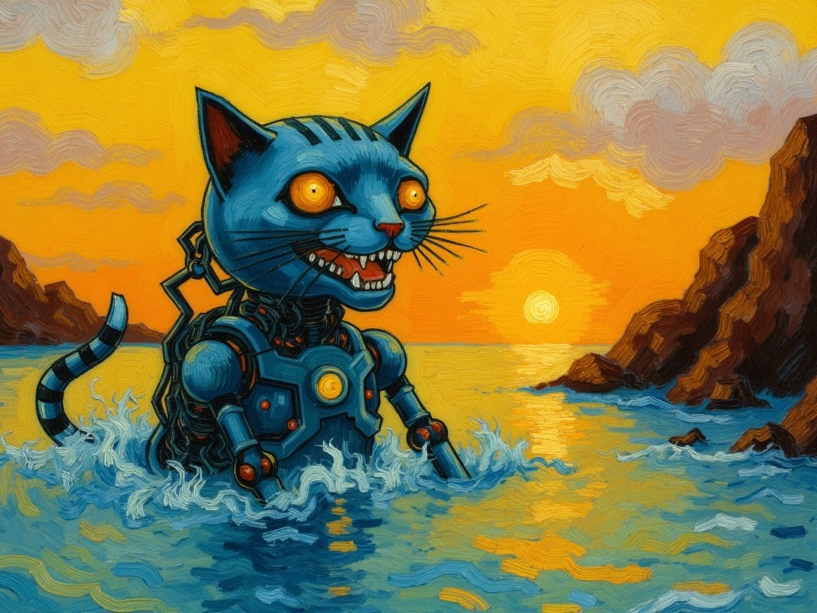 Robotic Cat Emerges from Ocean Waves at Sunset