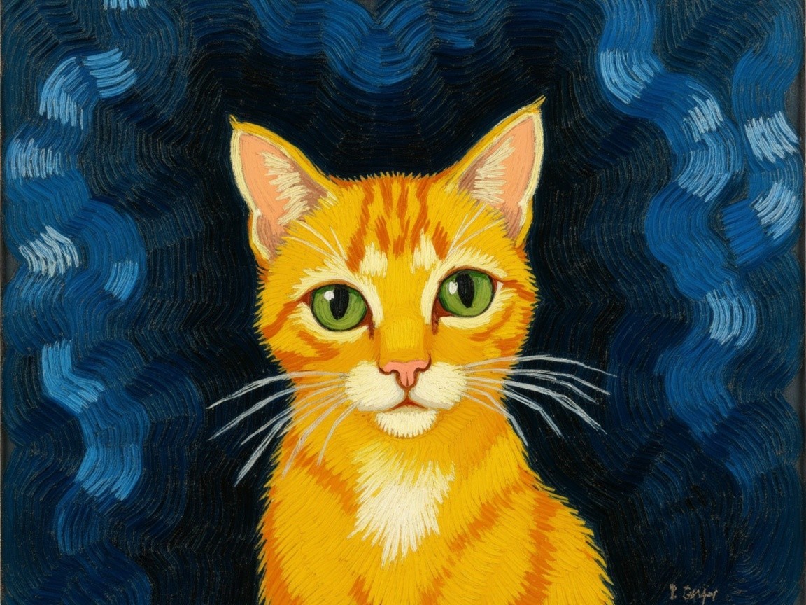Vibrant Stylized Orange Cat with Green Eyes and Blue Background