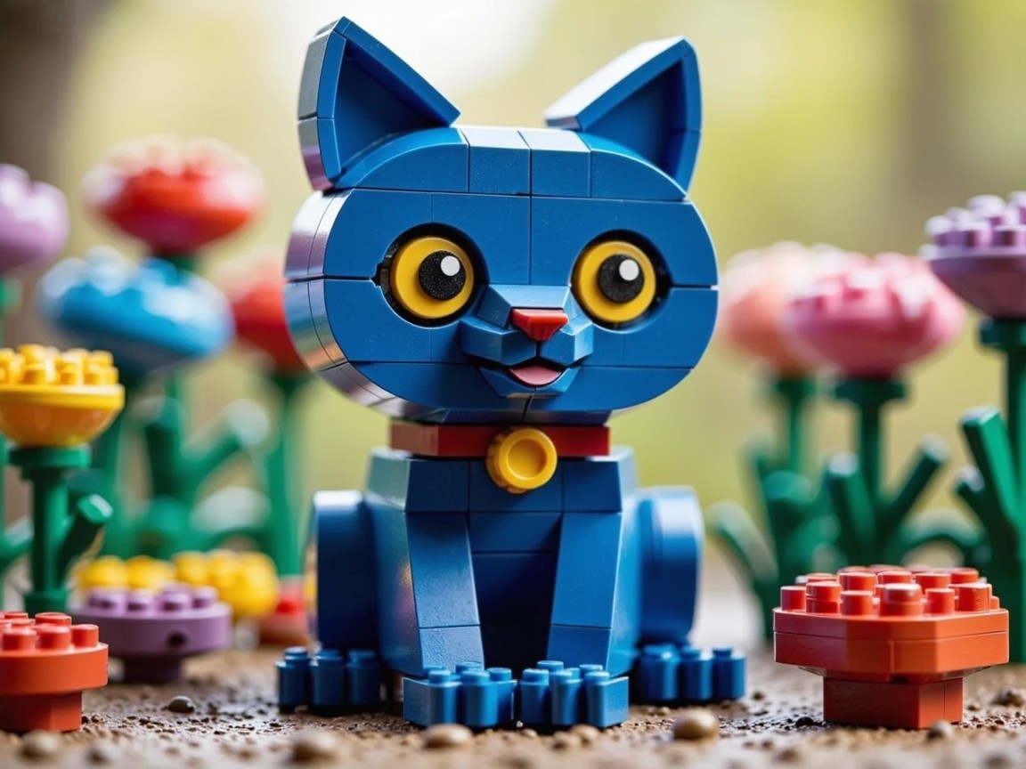 Vibrant Blue Lego Cat Surrounded by Colorful Flowers