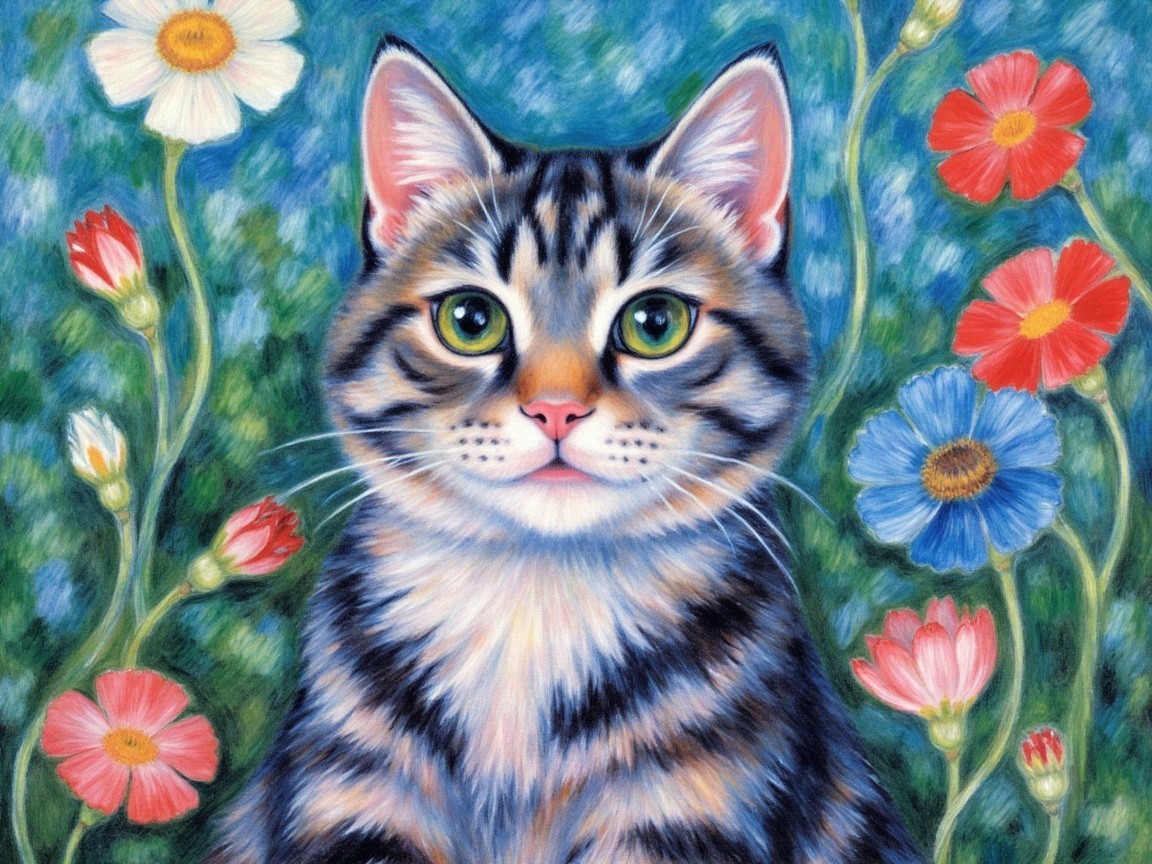 Tabby Cat Surrounded by Colorful Flower Field