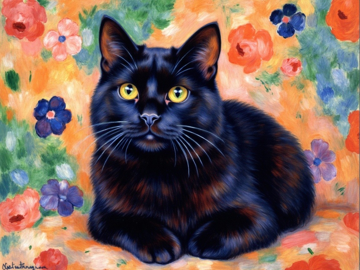 Black Cat with Golden Eyes in Floral Background Painting