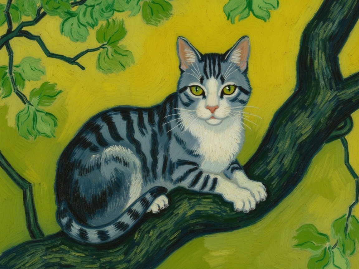 Striped Cat on Tree Branch with Green Leaves