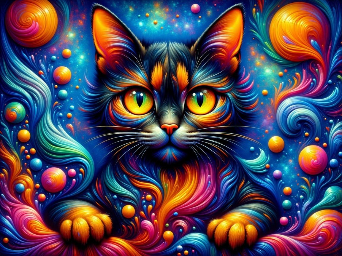 Vibrant Cat Portrait with Cosmic Background Elements