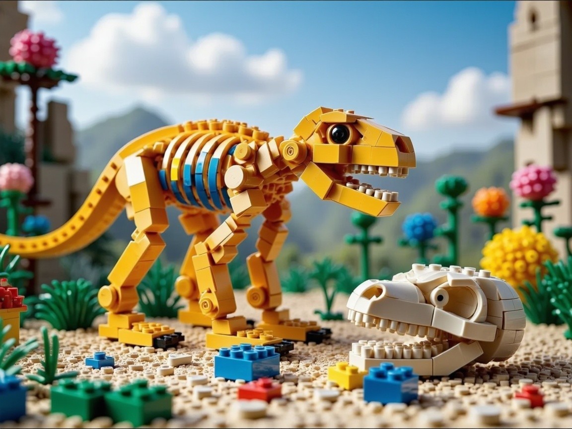 Vibrant LEGO Dinosaur Skeleton Scene in Whimsical Landscape