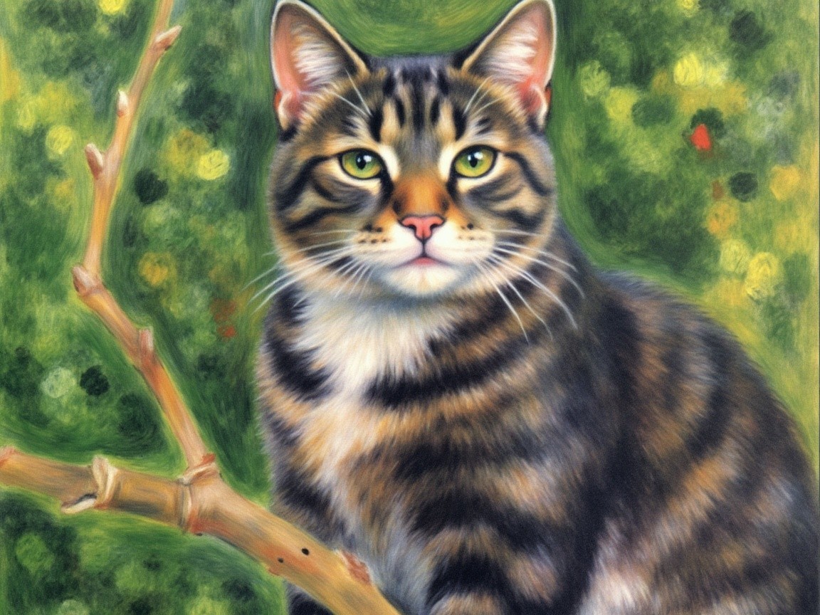 Portrait of a Tabby Cat on a Branch with Green Eyes