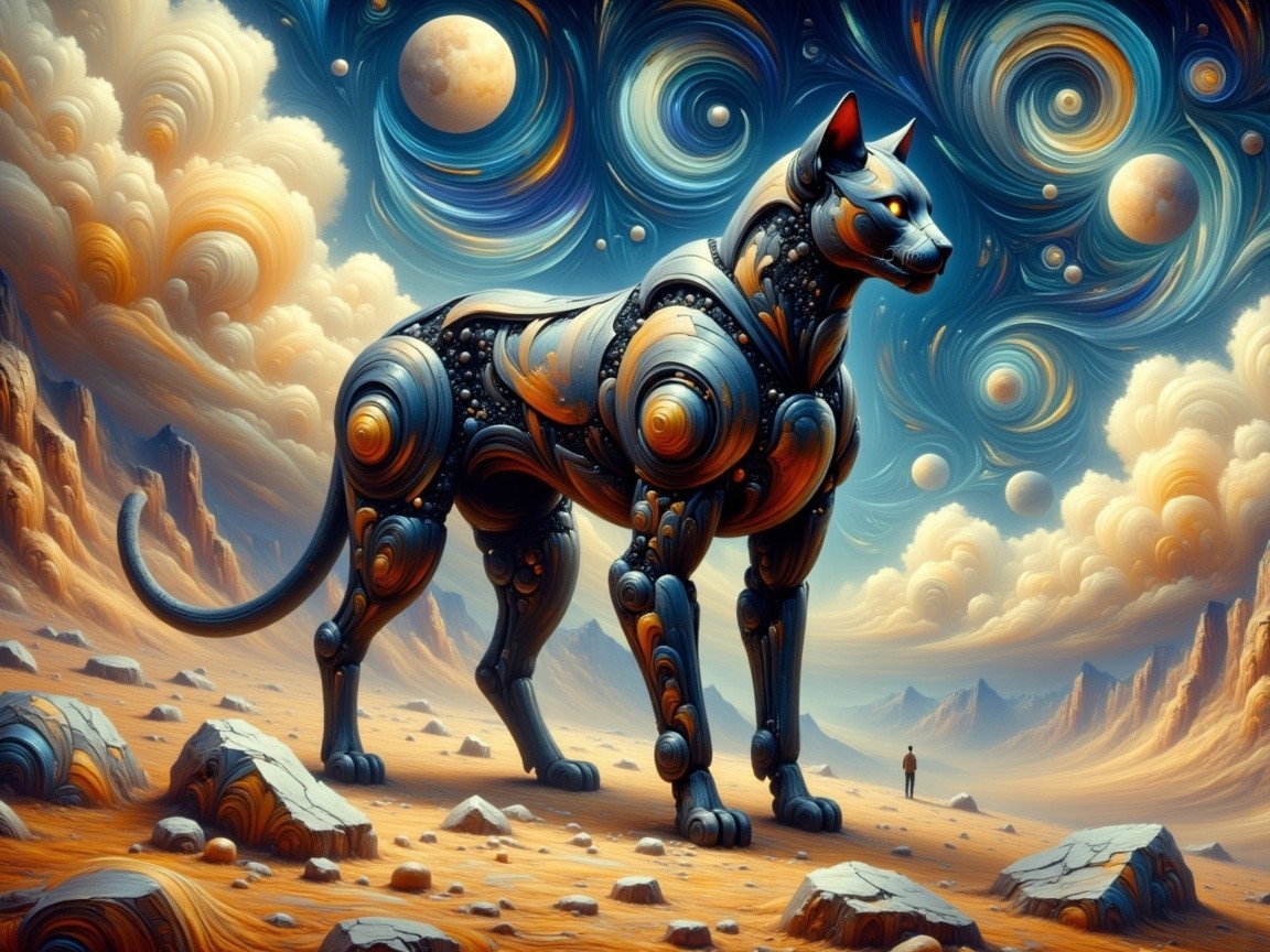 Robotic Cat in Surreal Galactic Landscape