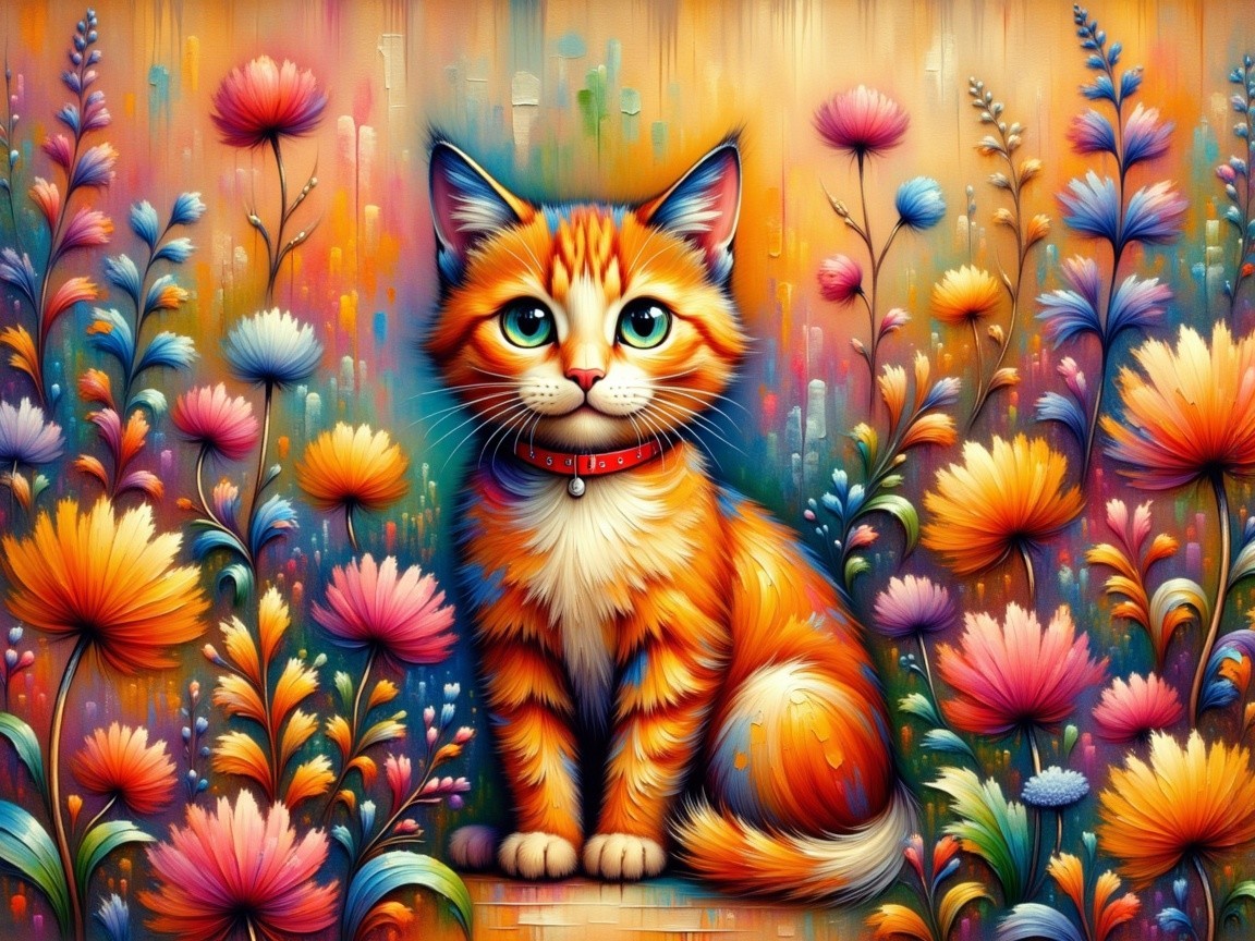 Orange Cat in Colorful Flower Garden Setting