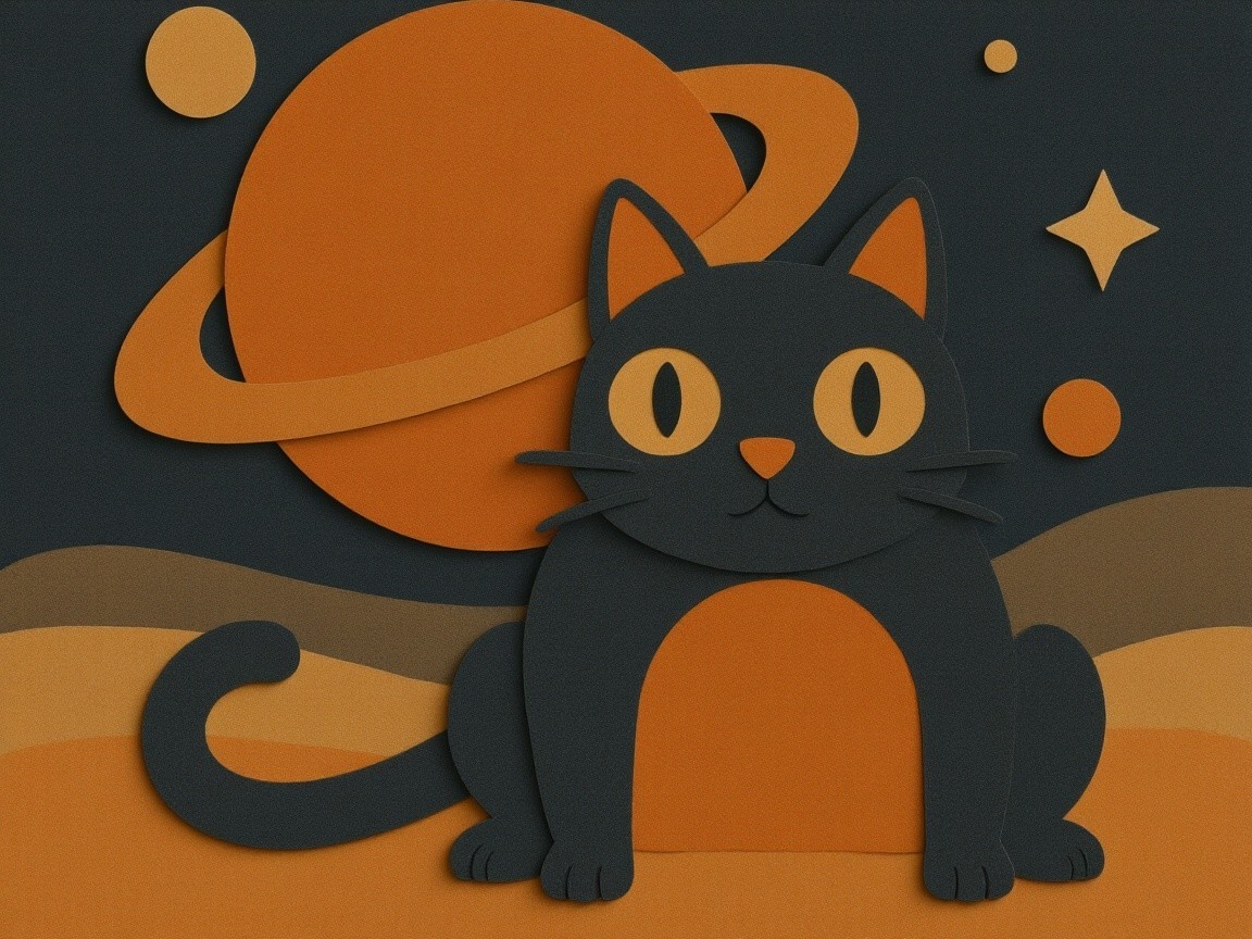 Whimsical Black Cat Cutout Design with Saturn Background