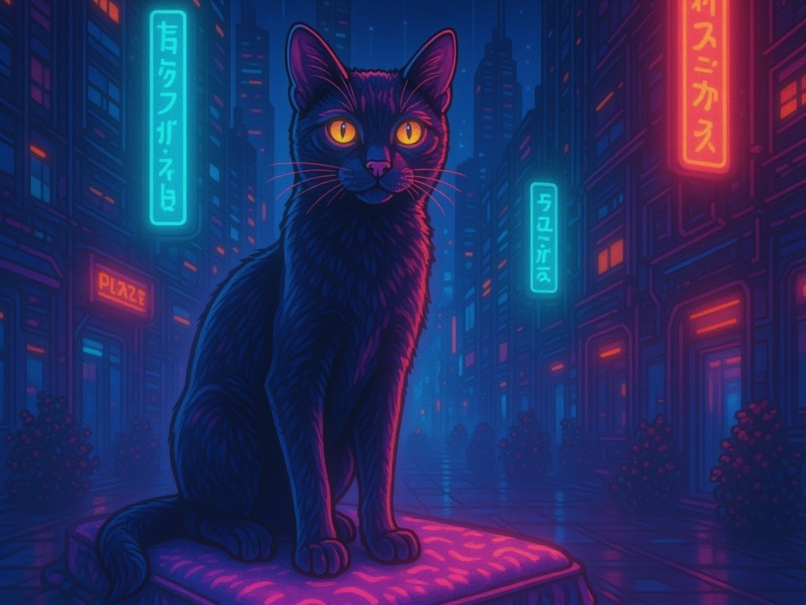 Black Cat on Illuminated Pedestal in Futuristic City