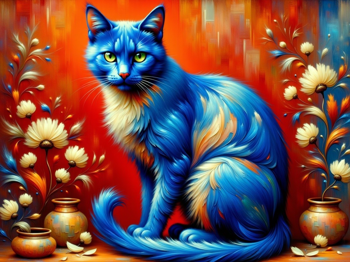 Blue Cat with Green Eyes Against Orange Background