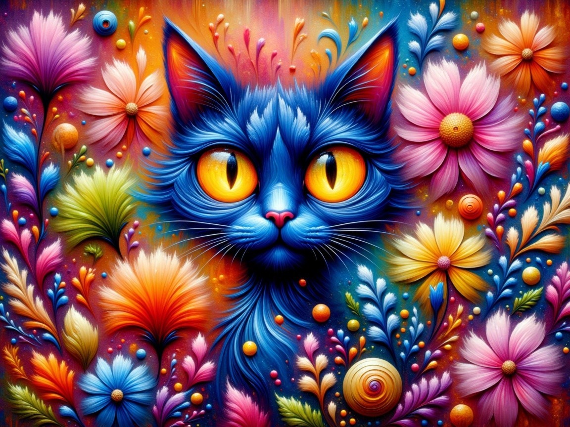 Whimsical Blue Cat Illustration Surrounded by Flowers