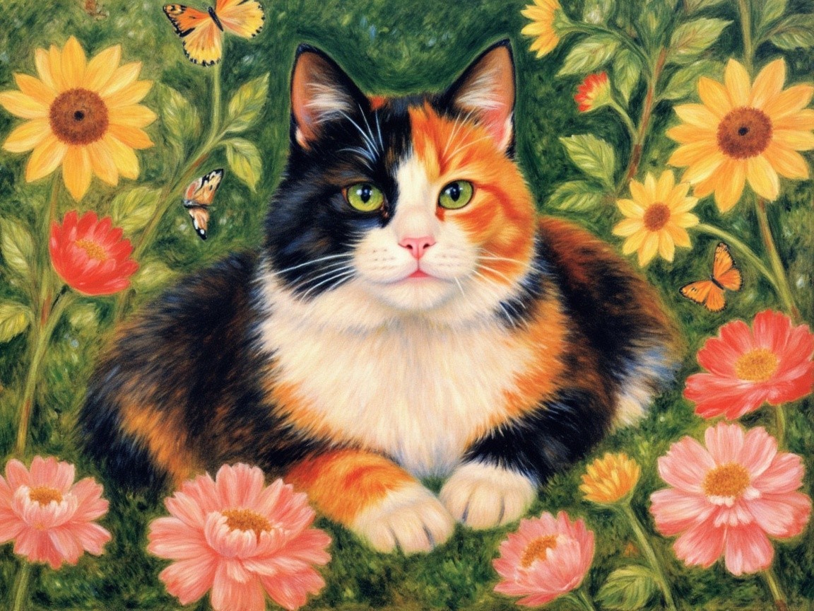Calico Cat Relaxing in a Colorful Garden Setting