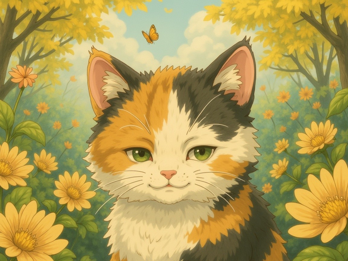 Fluffy Calico Cat Surrounded by Yellow Flowers
