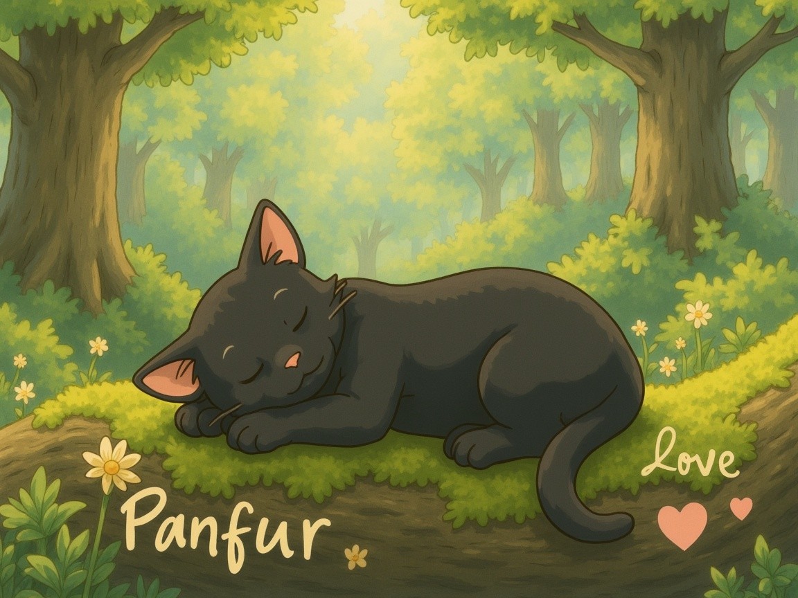 Cartoon Black Cat Sleeping on Mossy Log in Forest