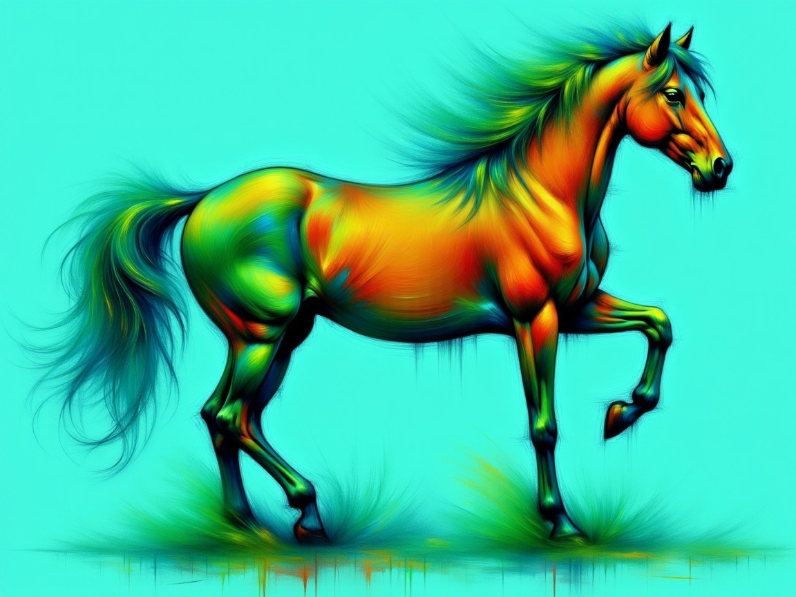 Colorful Horse Against Bright Turquoise Background