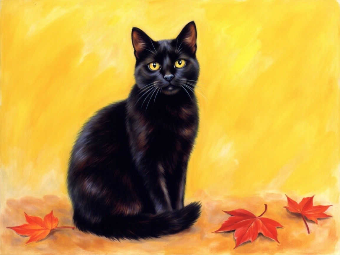 Black Cat with Yellow Eyes on Yellow Background