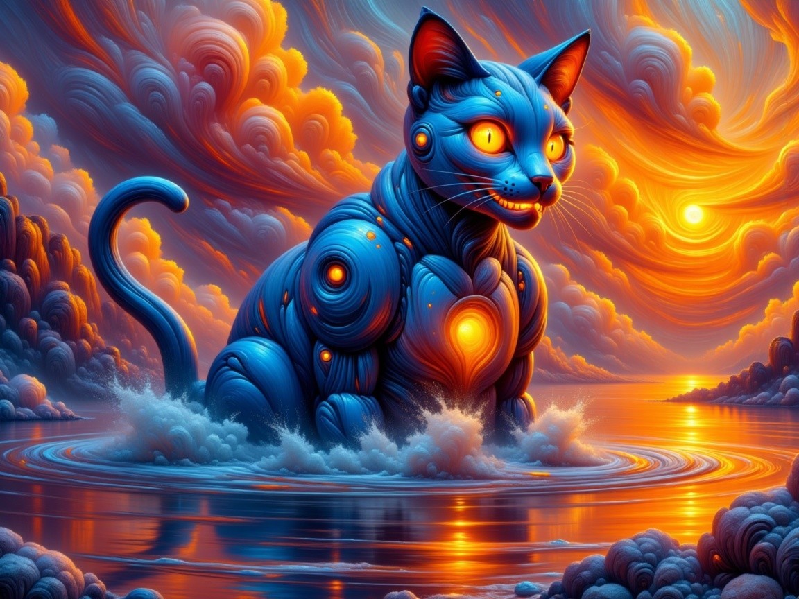 Futuristic Cat in Shimmering Sea at Sunset