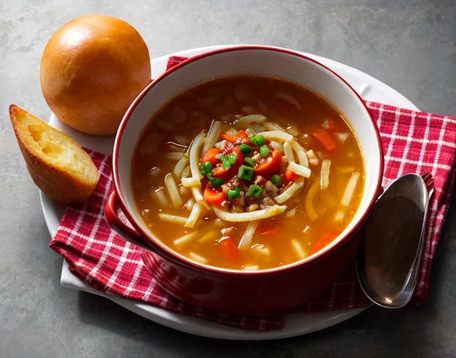 Vegetable soup with green onions on red napkin, bread and spoon included