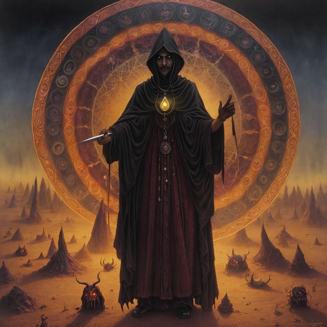 Hooded Figure with Circular Design and Fires in Barren Landscape
