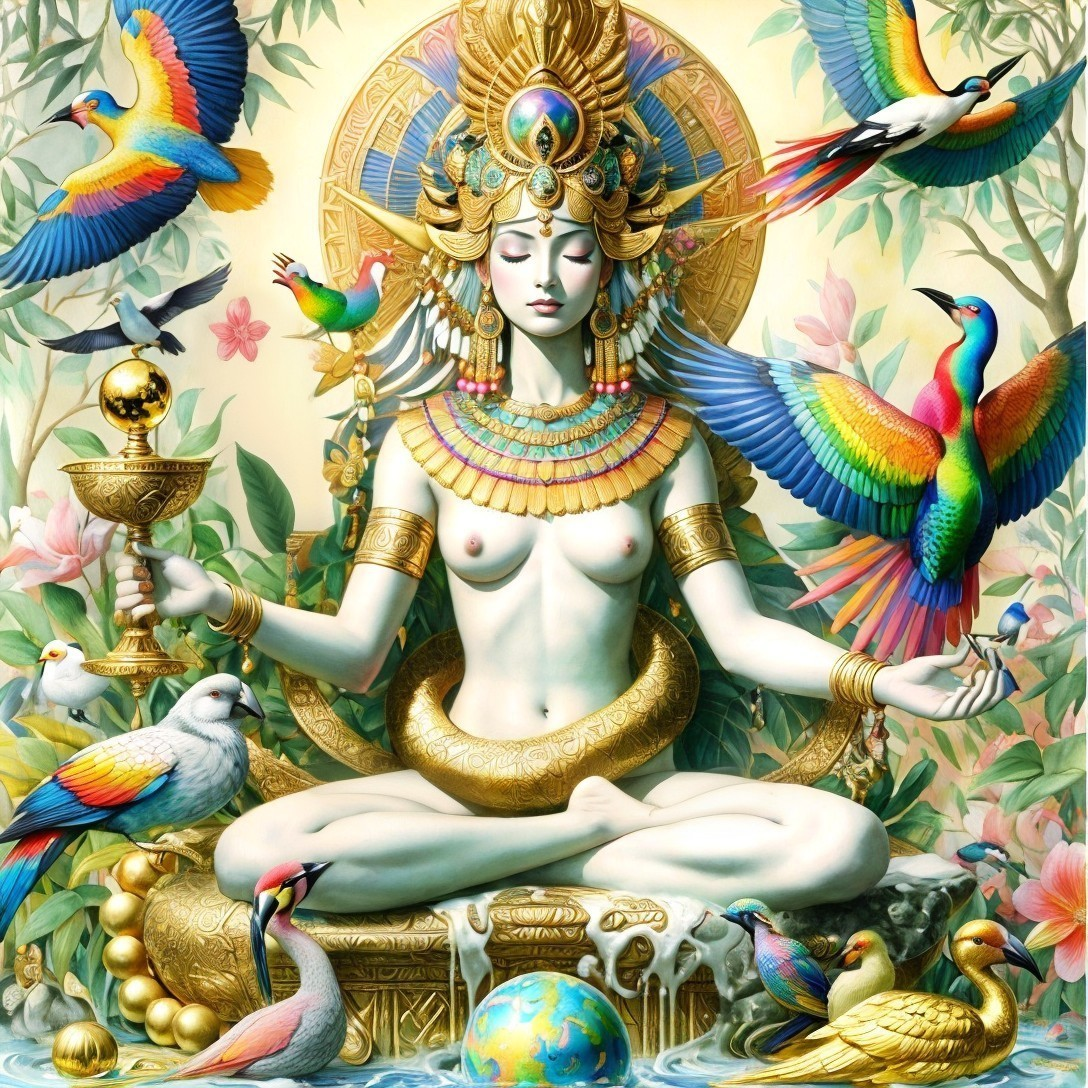 Vibrant artwork featuring multi-armed figure with birds and globe.